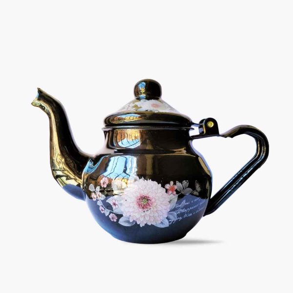 Blue stainless steel enameled teapot showcasing hand-painted pink chrysanthemum flowers and glossy enamel finish