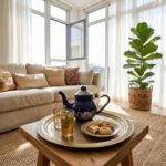 Cobalt blue floral enamel teapot on decorative brass tray with traditional Moroccan pastries and tea