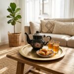 Hand-painted floral enamel teapot in charcoal grey with delicate white and pink peony motifs