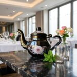 Charcoal black floral enamel teapot with hand-painted peonies on dark marble tabletop with mint tea