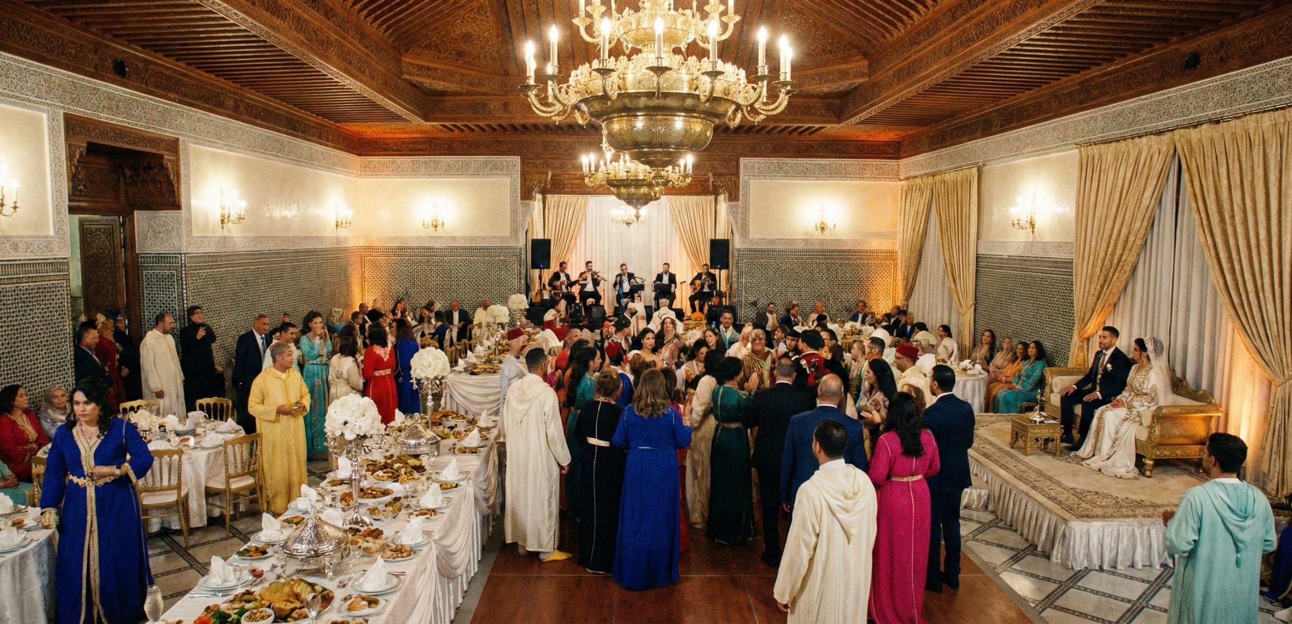 A grand, festive Moroccan wedding hall featuring intricate wall tiles, large brass chandeliers, and elegantly decorated tables in a warm, golden-lit setting.