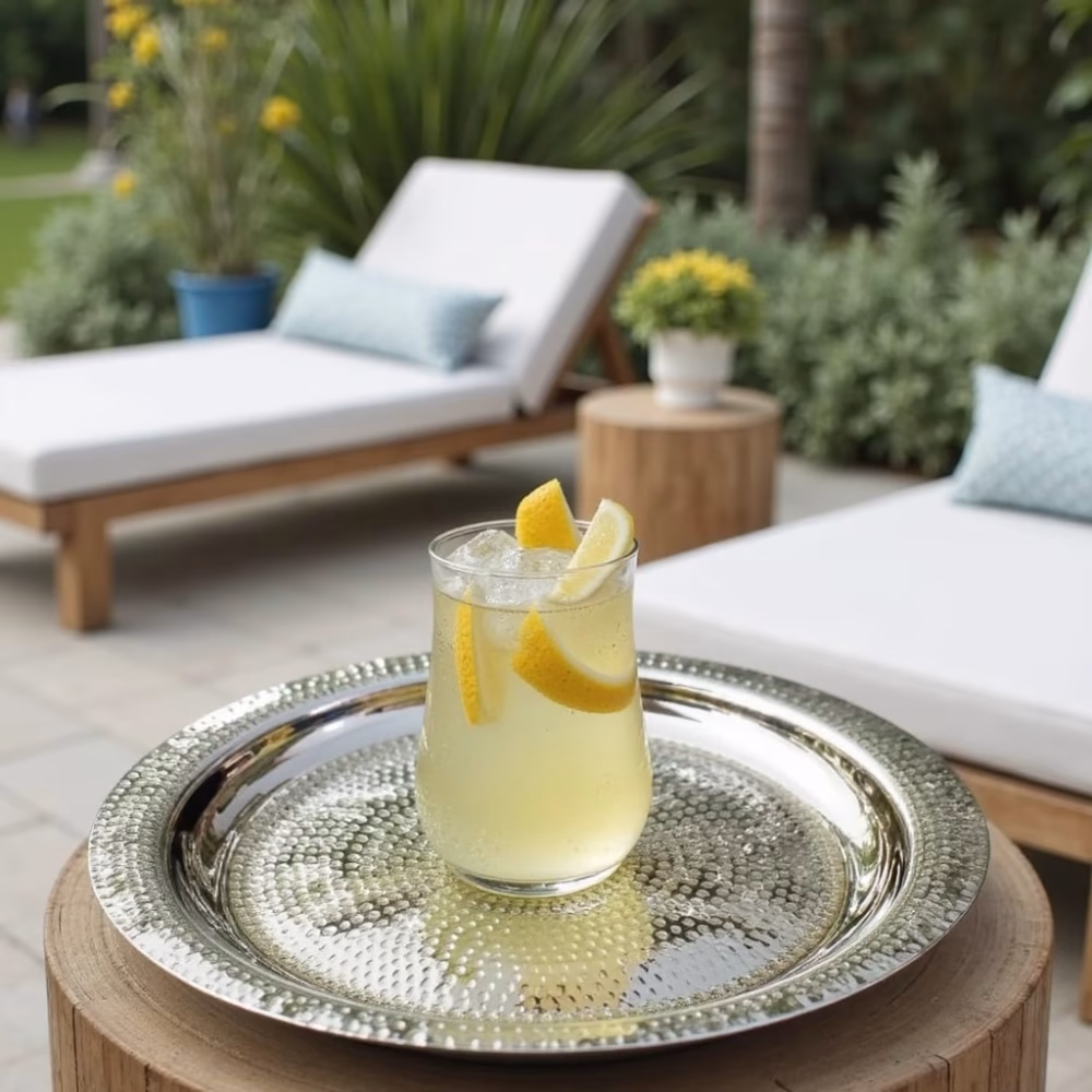 Silver hammered decorative tray with lemonade drink on outdoor patio table