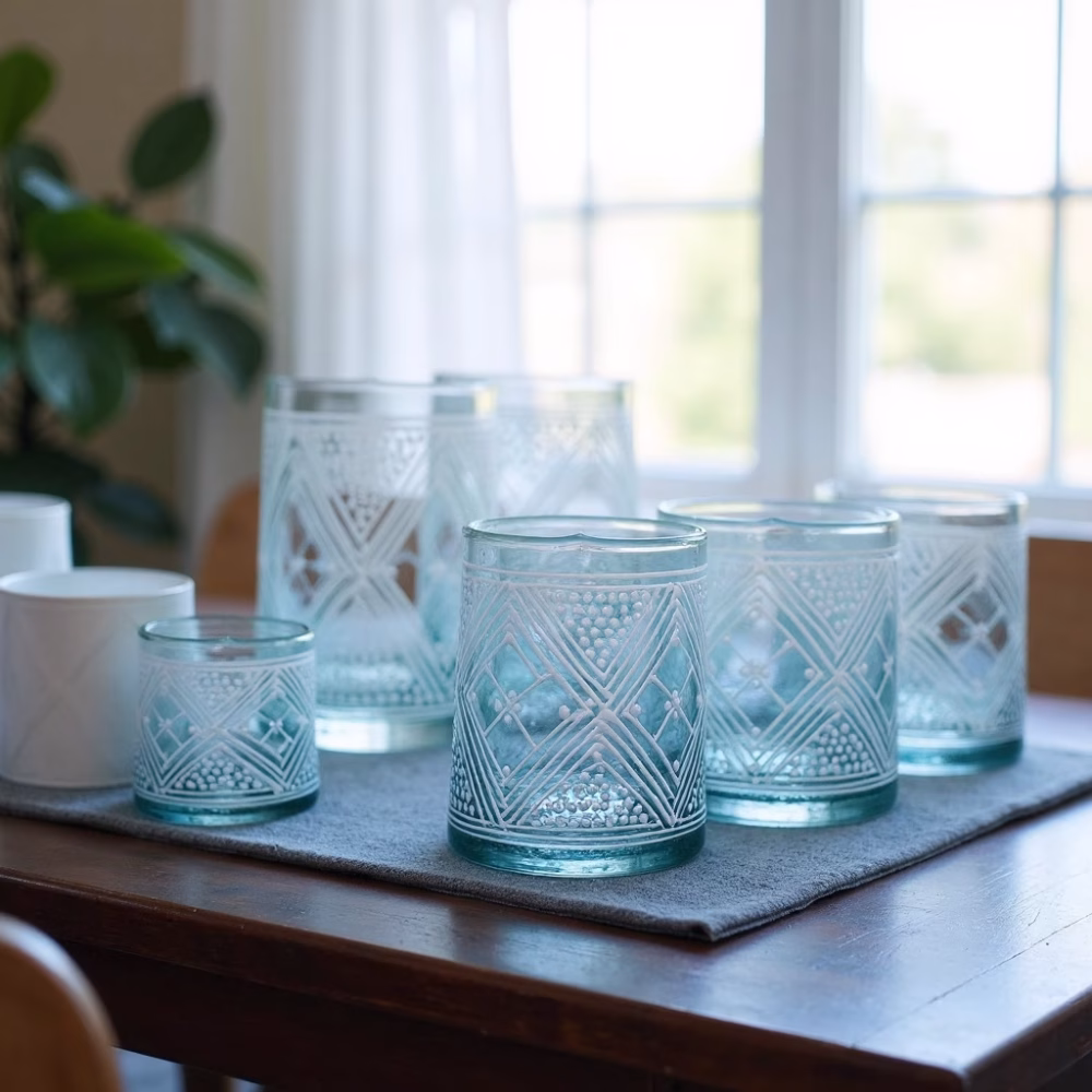Handpainted Moroccan beldi glasses displayed on dark wooden table with plants