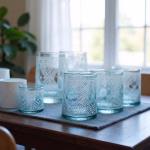 Handpainted Moroccan beldi glasses displayed on dark wooden table with plants