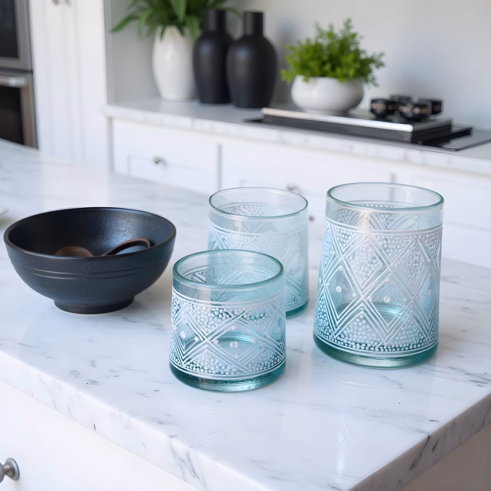 Recycled glass beldi cups with intricate hand-painted patterns on marble surface