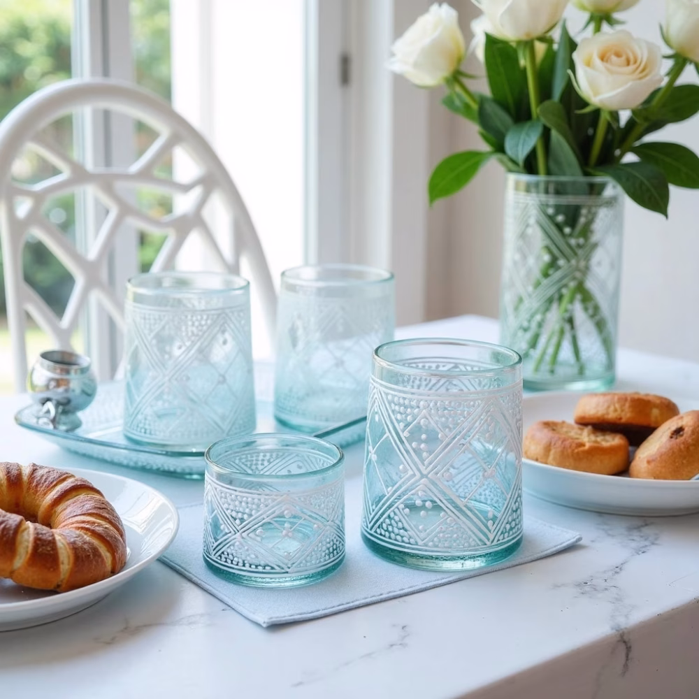 Traditional beldi glasses with henna patterns arranged on white breakfast table