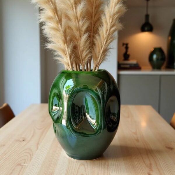 Emerald green ceramic vase with sculptural organic surface and dried pampas grass on wooden table
