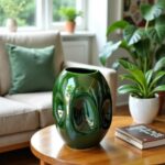 Modern green ceramic vase sculptural design on coffee table in living room with plants