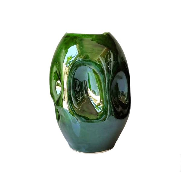 Handmade Ceramic Crumpled Vase - Green and White