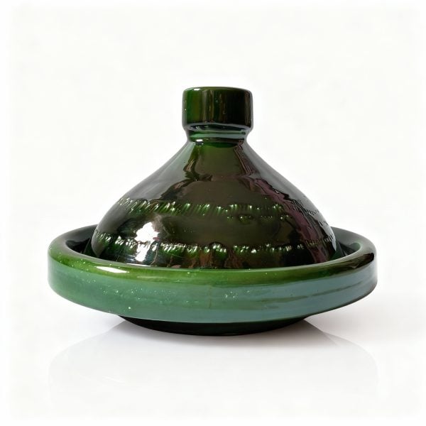 Green Moroccan tagine pot handmade from Tamegrout pottery with conical lid