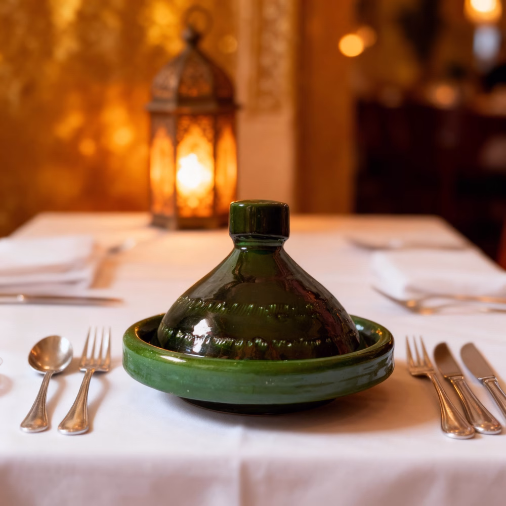 Elegant Moroccan tagine pot on formal dining table with lantern lighting