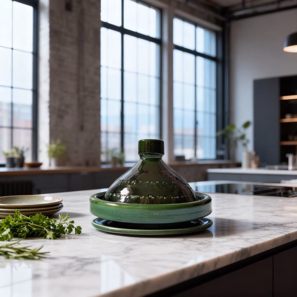 Traditional green tagine pot in modern kitchen setting on marble countertop