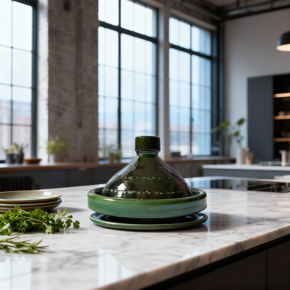 Traditional green tagine pot in modern kitchen setting on marble countertop