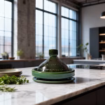 Traditional green tagine pot in modern kitchen setting on marble countertop