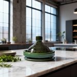 Traditional green tagine pot in modern kitchen setting on marble countertop