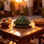 Ceramic tagine pot on rustic courtyard table with bread and tea, traditional Moroccan dining experience