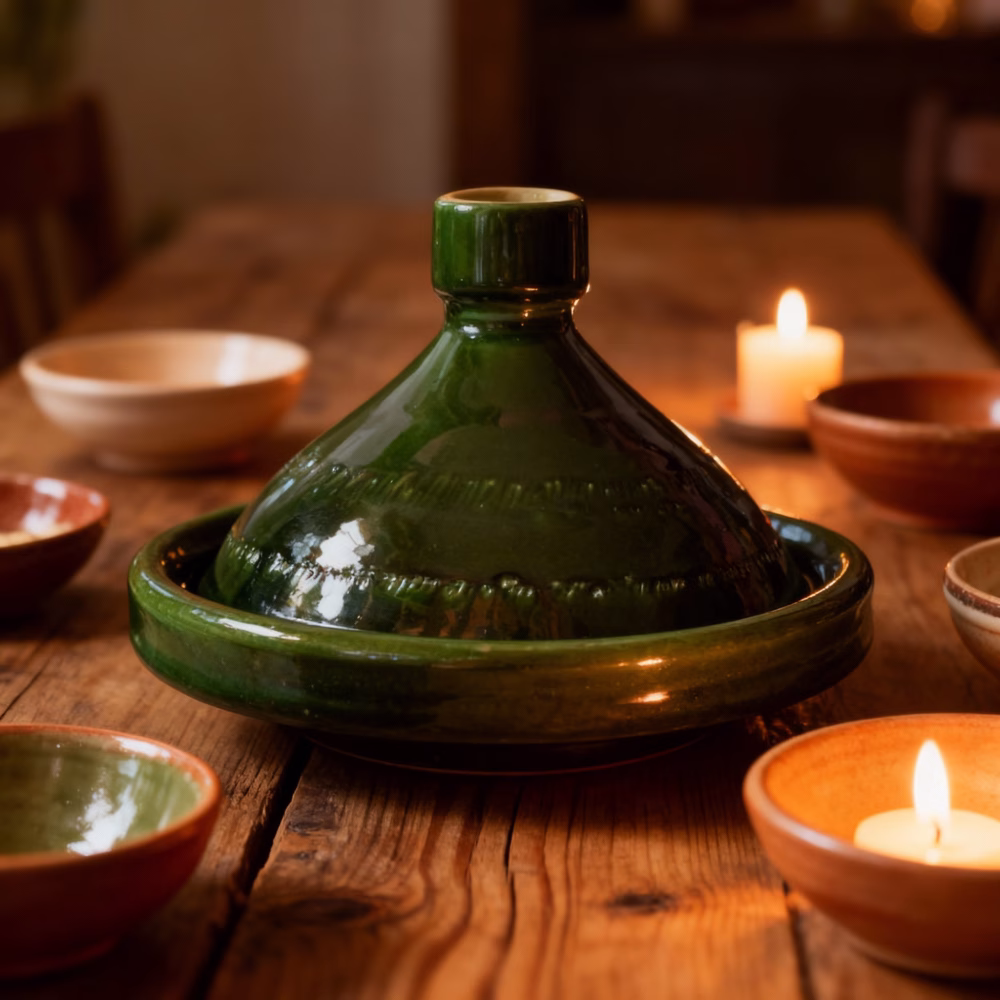 Handcrafted Moroccan tagine pot with candles in warm dining ambiance