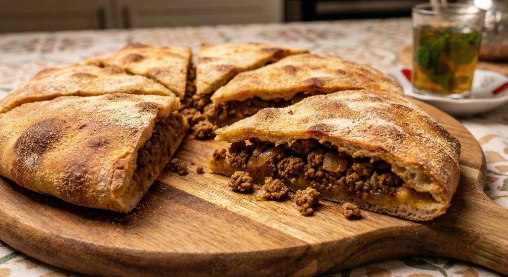 Moroccan Berber Pizza: A Delectable and Convenient Way to Savor North African Flavors Close-up of sliced Moroccan Berber pizza showing thick seasoned ground lamb and onion filling between golden crusts