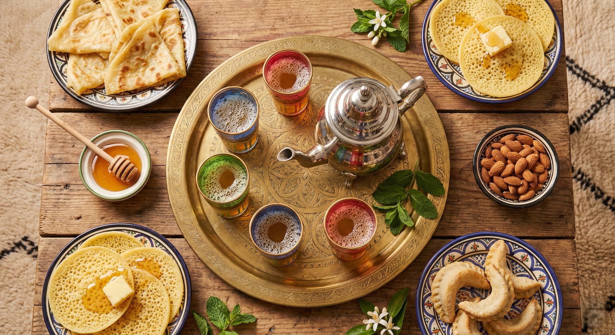 A Timeless Blend of Tradition and Flavor in Moroccan Tea: Discover the Enchanting World of Moroccan Tea Complete Moroccan tea set with mint tea in colorful glasses surrounded by traditional treats including Msemen flatbread, Baghrir pancakes, and almond pastries
