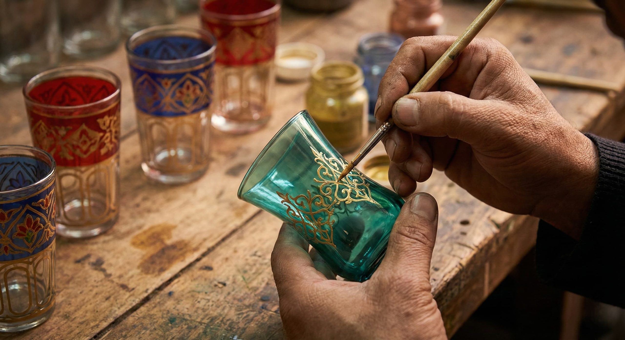 A close-up photograph of an artisan’s hands carefully painting gold filigree patterns on a teal-colored Moroccan tea glass in a workshop.