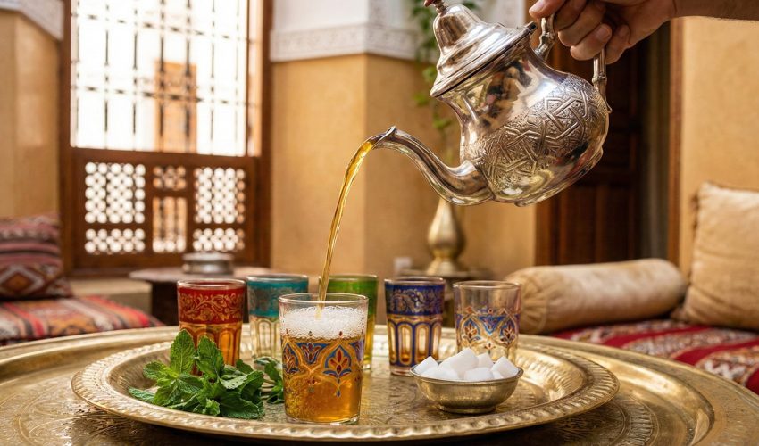 Moroccan mint tea being poured from a silver teapot into colorful hand-painted glasses on an ornate brass tray with fresh mint