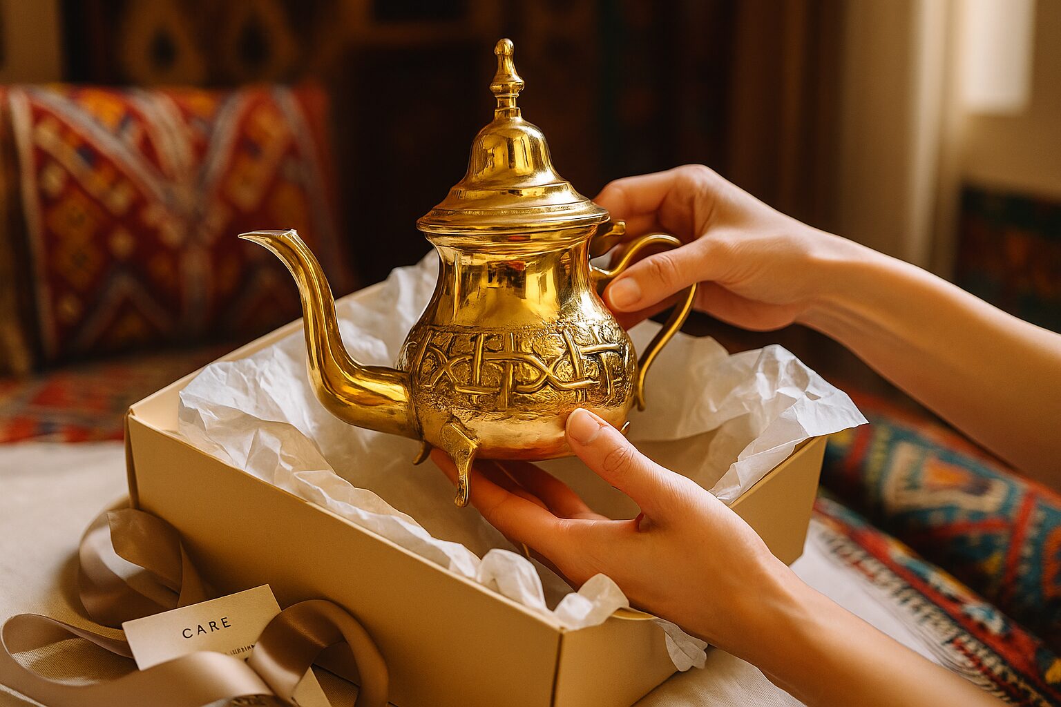 Hands unwrapping Moroccan brass teapot gift from luxury box with care instructions