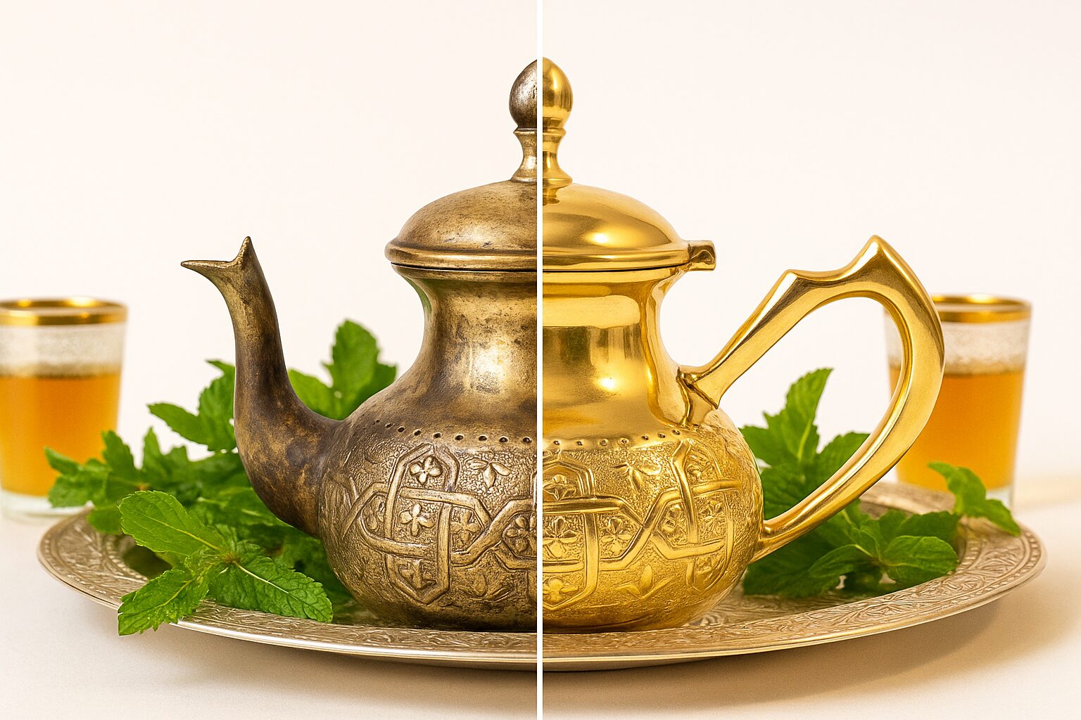 Before and after split image showing tarnished vs clean polished Moroccan brass teapot transformation
