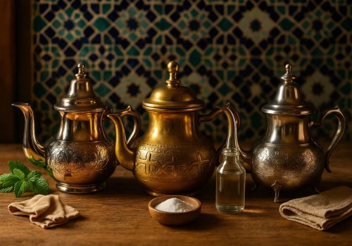 Three Moroccan teapots in silver brass and stainless steel with cleaning supplies on traditional tile background