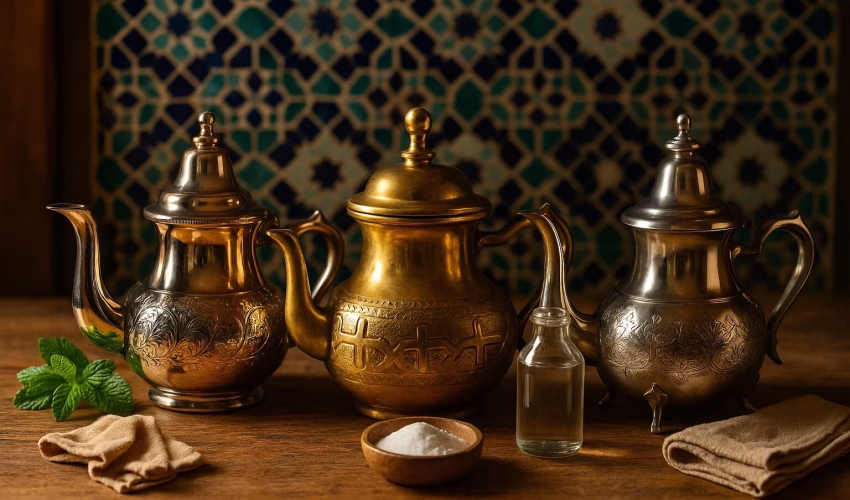 Three Moroccan teapots in silver brass and stainless steel with cleaning supplies on traditional tile background