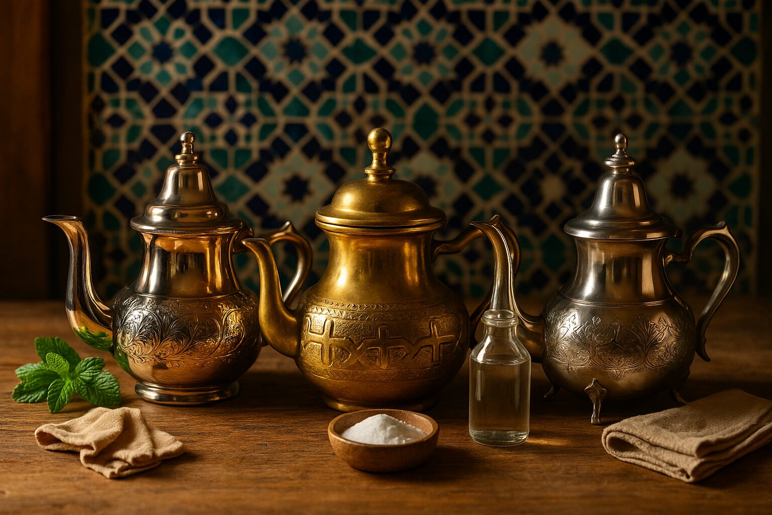Three Moroccan teapots in silver brass and stainless steel with cleaning supplies on traditional tile background