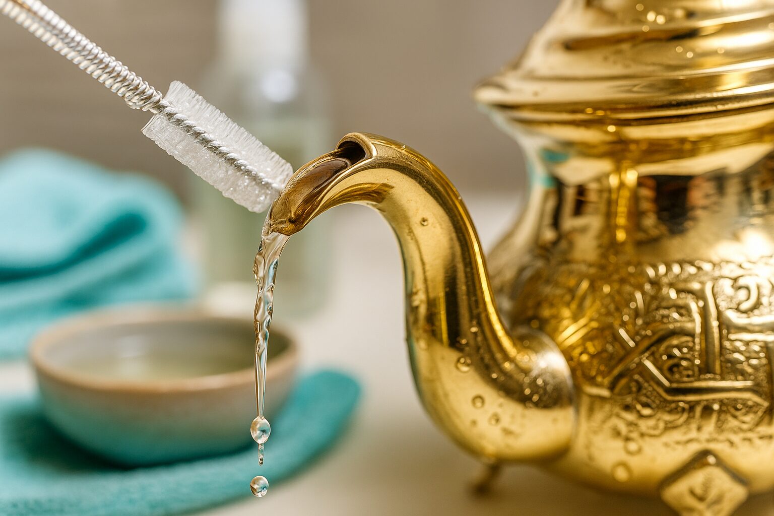 Flexible brush cleaning inside Moroccan teapot spout with water flowing through showing proper technique