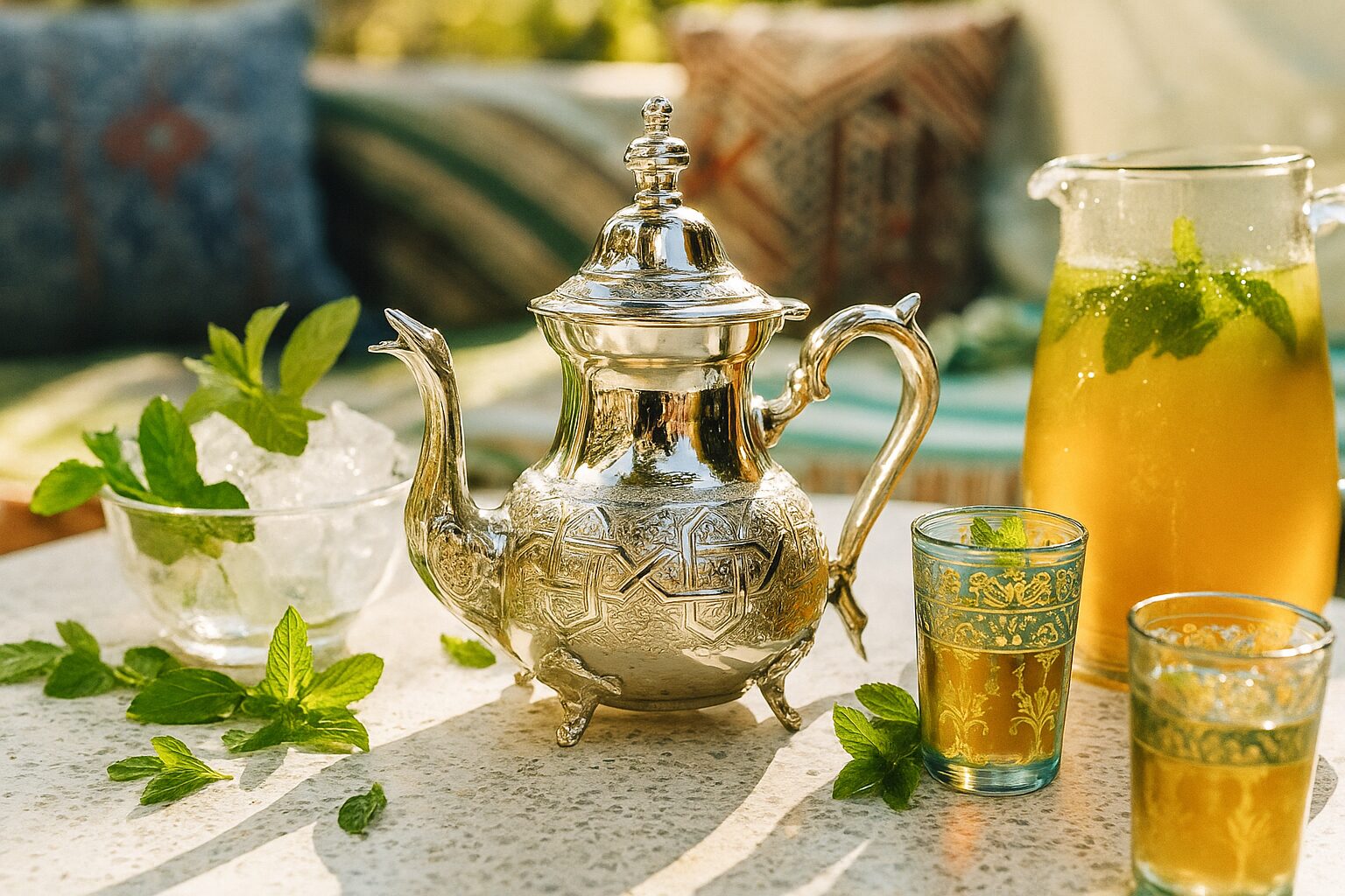 Polished Moroccan stainless steel teapot on summer patio with fresh mint and ice for tea service