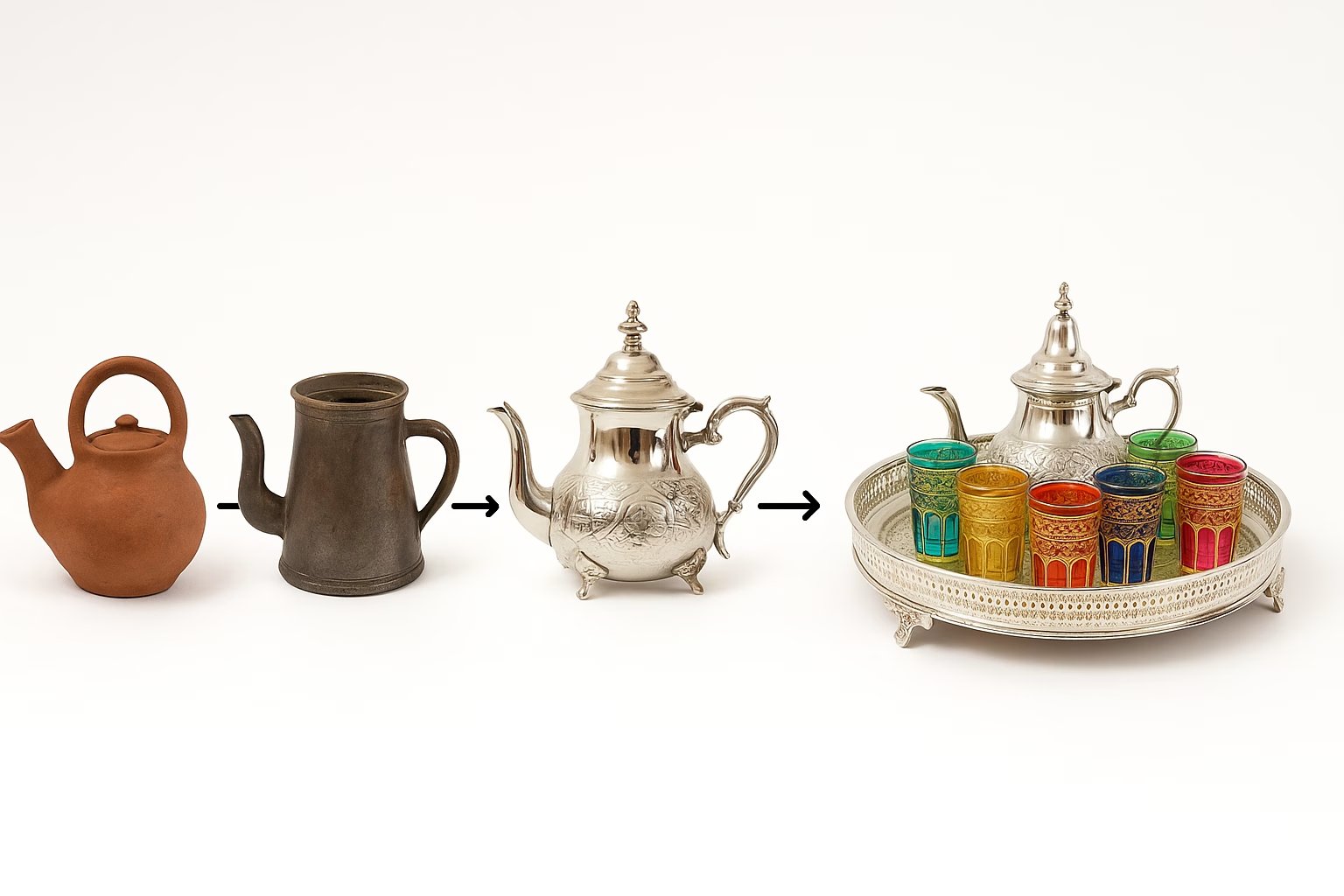 Savoring Time: The Moroccan Tea Set - A Journey Through History, Art, and Culture Timeline of Moroccan tea set evolution, from simple clay pots to ornate silverware and colorful glasses