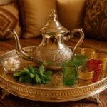 Ornate Moroccan tea set with silver teapot, colorful glasses, and fresh mint on a brass tray