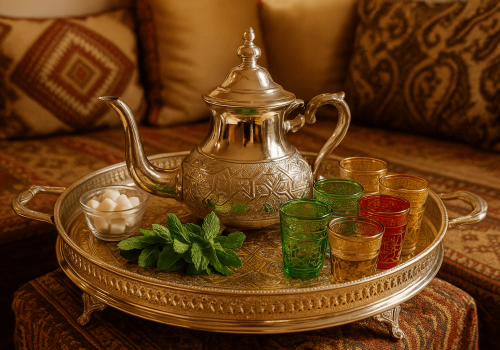 Ornate Moroccan tea set with silver teapot, colorful glasses, and fresh mint on a brass tray