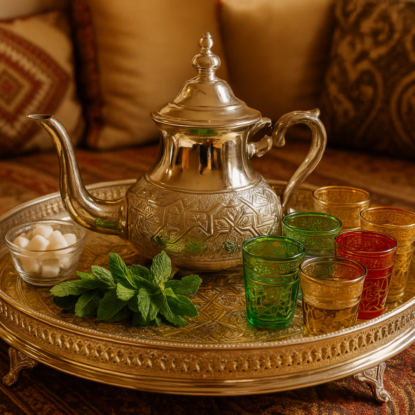 Ornate Moroccan tea set with silver teapot, colorful glasses, and fresh mint on a brass tray