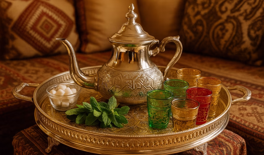 Ornate Moroccan tea set with silver teapot, colorful glasses, and fresh mint on a brass tray