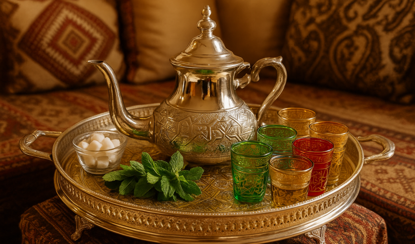 Ornate Moroccan tea set with silver teapot, colorful glasses, and fresh mint on a brass tray