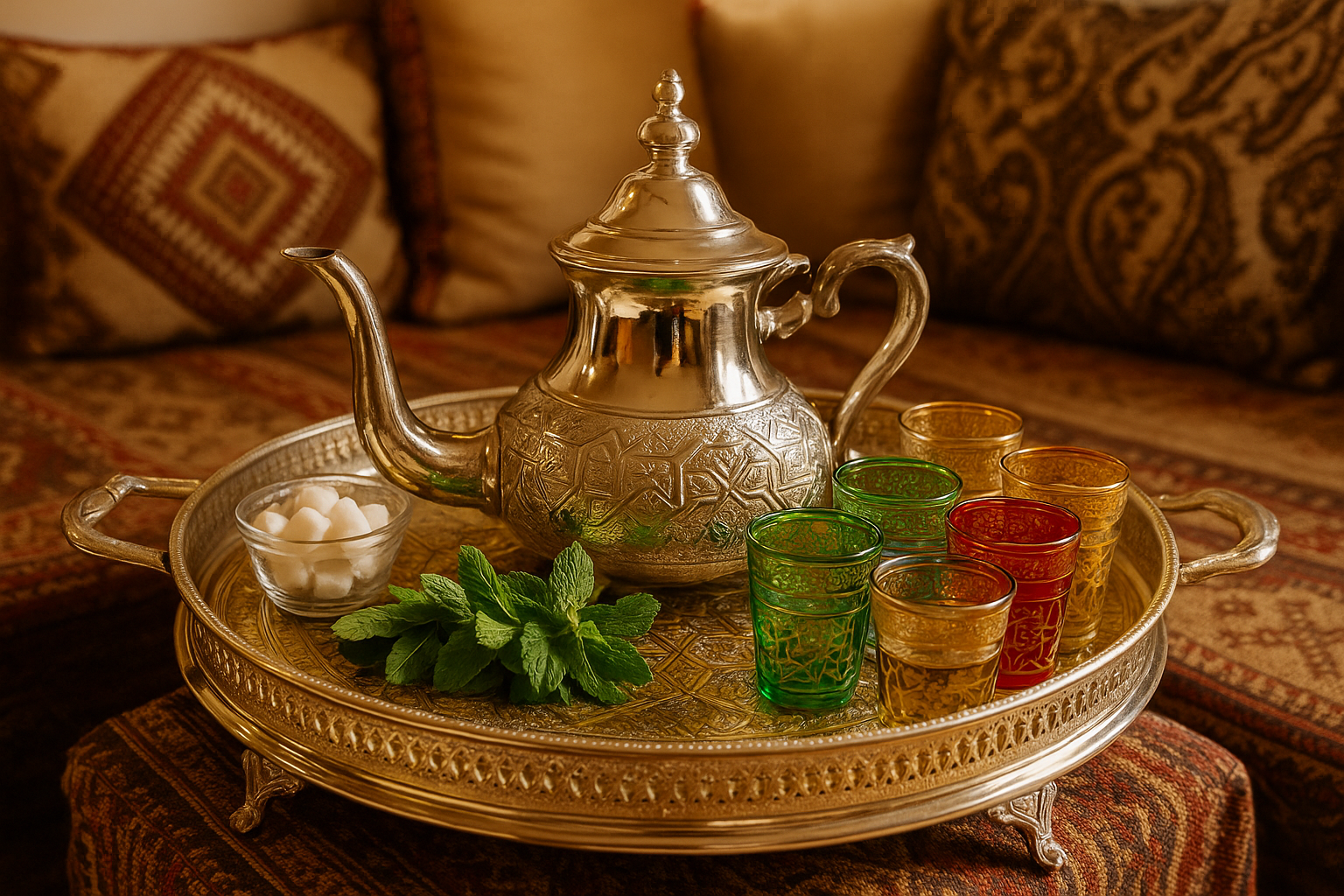 Ornate Moroccan tea set with silver teapot, colorful glasses, and fresh mint on a brass tray