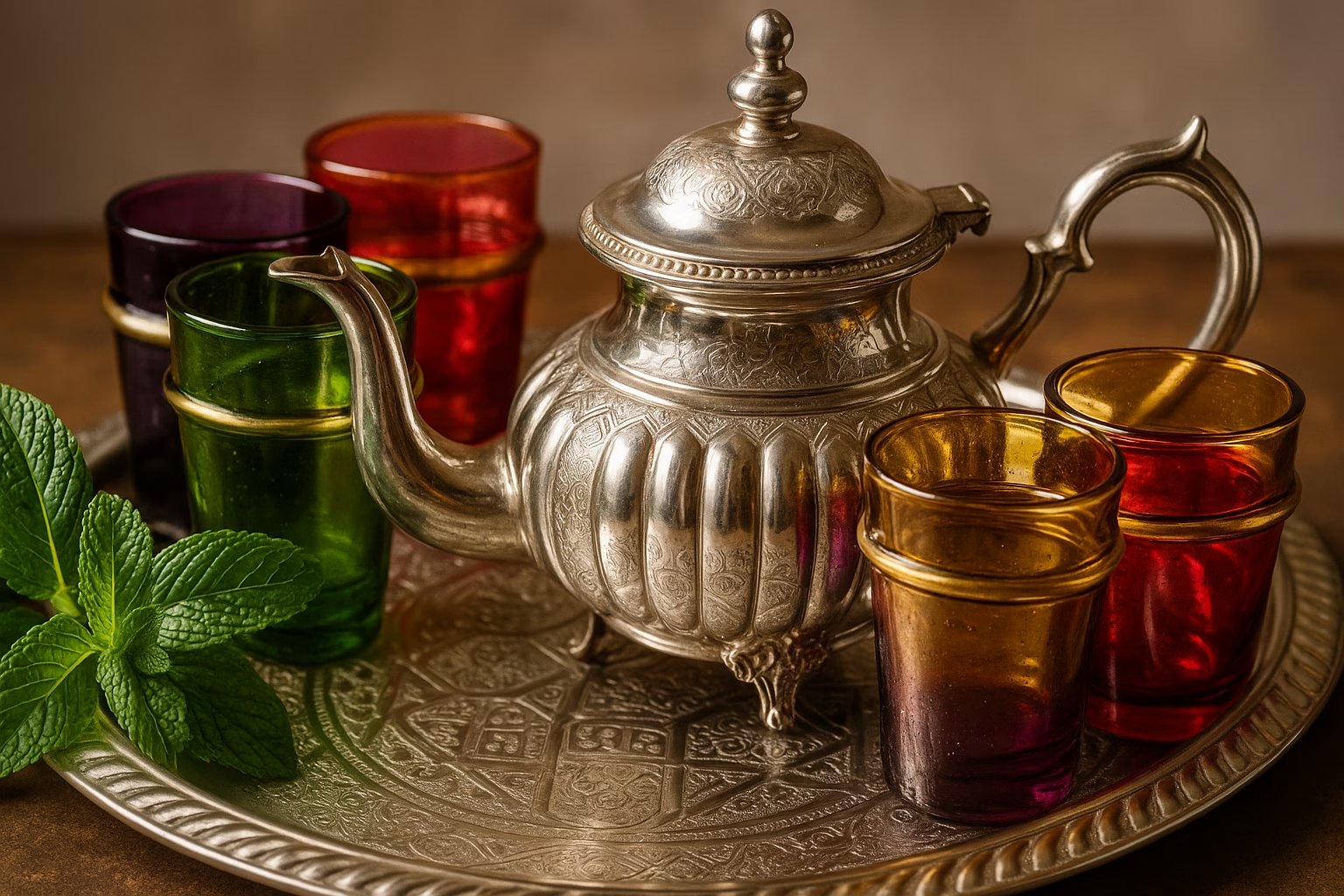 Savoring Time: The Moroccan Tea Set - A Journey Through History, Art, and Culture Close-up of Moroccan tea set components, highlighting intricate craftsmanship and cultural symbolism