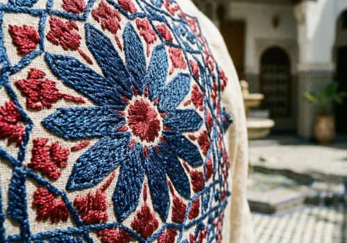 A close-up photograph of intricate blue and red geometric and floral Moroccan embroidery patterns on a cream linen fabric, showing the detailed stitching texture.