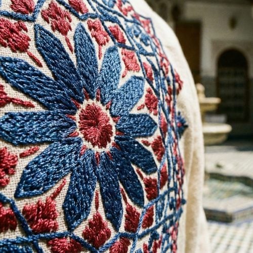 A close-up photograph of intricate blue and red geometric and floral Moroccan embroidery patterns on a cream linen fabric, showing the detailed stitching texture.
