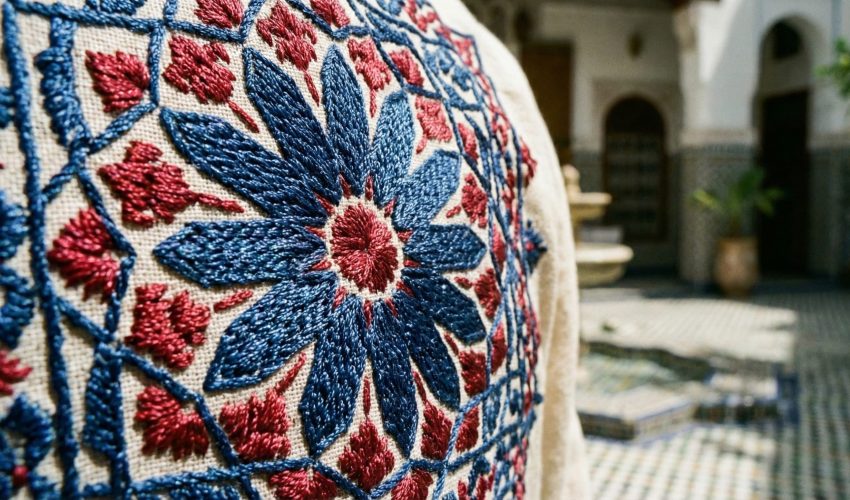 A close-up photograph of intricate blue and red geometric and floral Moroccan embroidery patterns on a cream linen fabric, showing the detailed stitching texture.