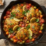 Golden Moroccan spiced chicken thighs in a cast iron skillet with carrots, green olives, dried figs, lemon slices, and fresh herb garnish
