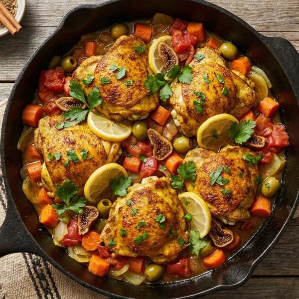 Golden Moroccan spiced chicken thighs in a cast iron skillet with carrots, green olives, dried figs, lemon slices, and fresh herb garnish