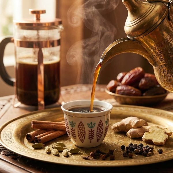 Moroccan spiced coffee with cinnamon sticks, cardamom pods, cloves, and ginger served in a traditional ceramic cup with dates and nuts