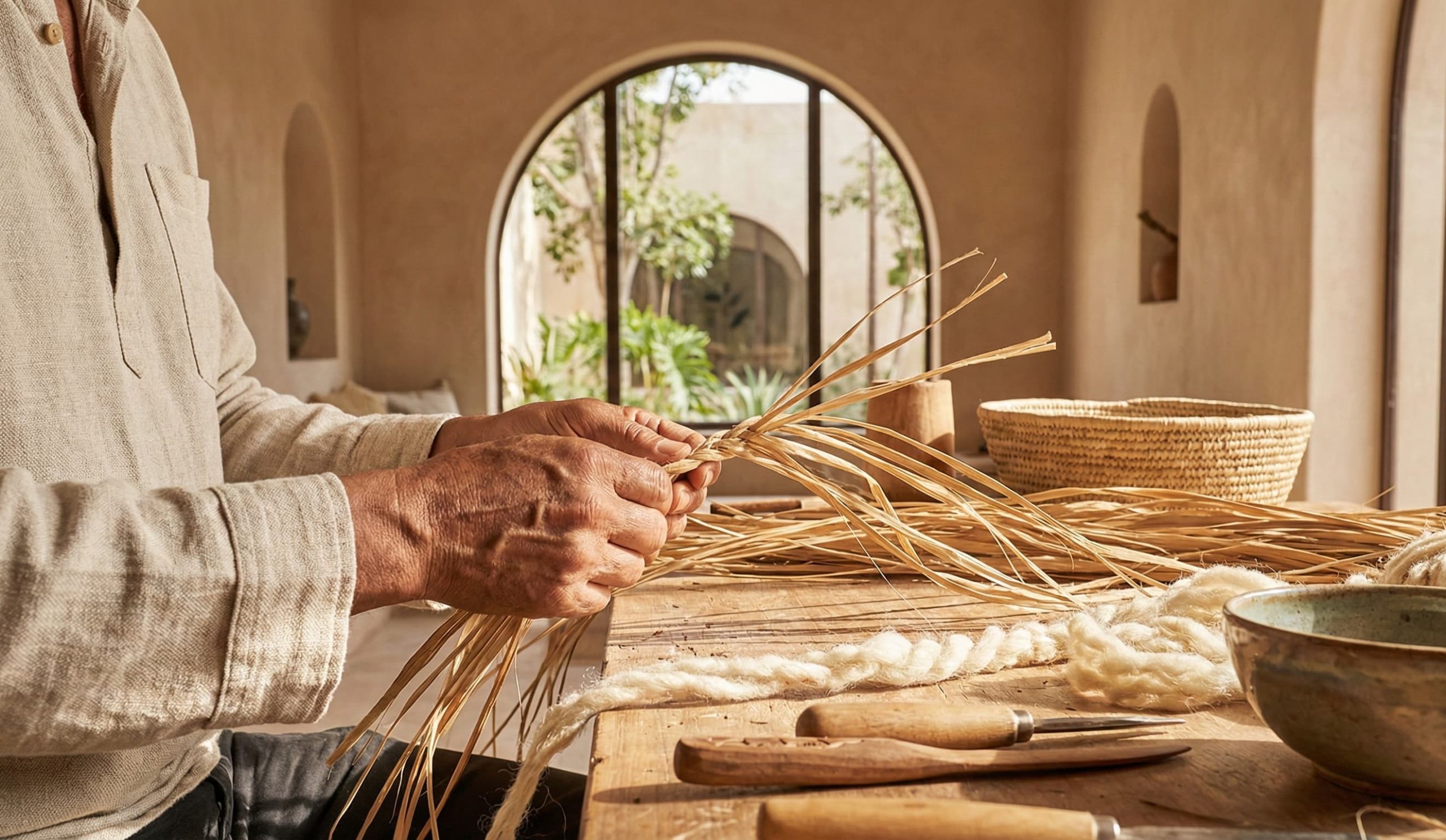 A close-up photograph of an artisan’s hands weaving natural fibers in a bright, modern studio, surrounded by sustainable handmade Moroccan pottery and textiles, symbolizing the preservation of tradition.