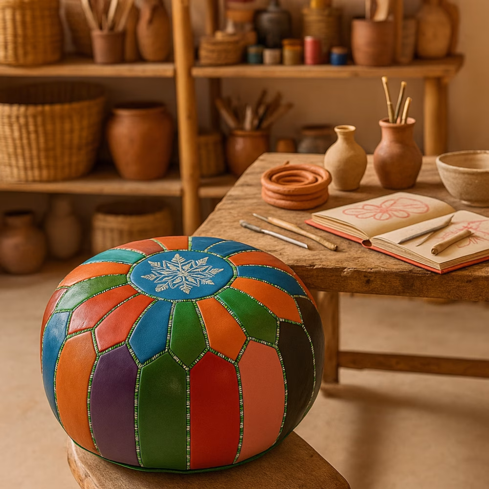 Artisan-style leather pouf ottoman with a mix of vivid colors in a pottery studio surrounded by handmade tools and ceramics.