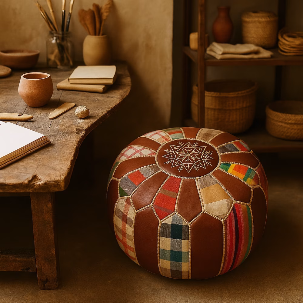 Colorful round leather pouf ottoman with patchwork panels in a rustic artisan studio setting.