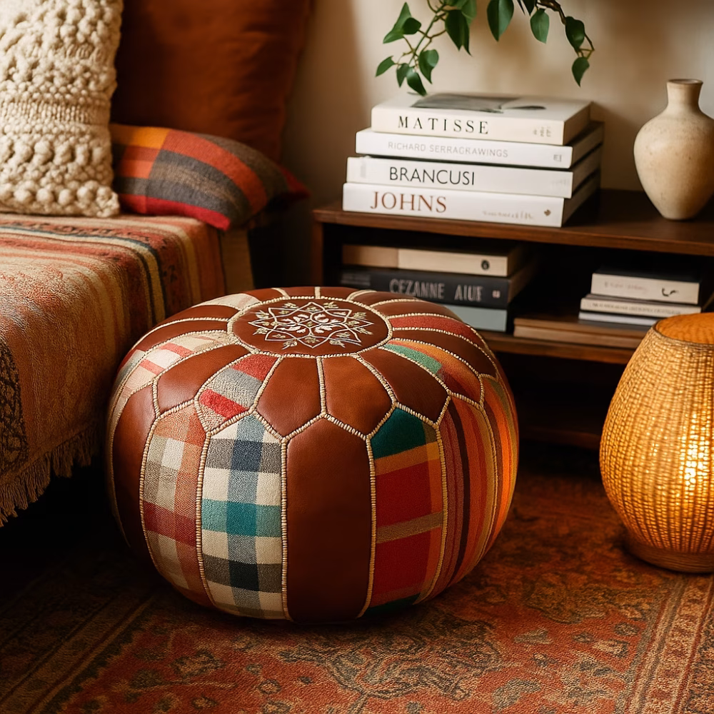 Cozy reading nook with a round leather pouf ottoman beside books, a floor lamp, and patterned cushions.